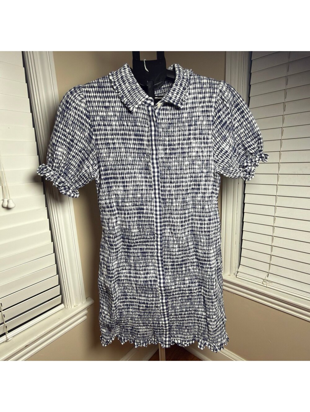 Jason Wu Collective Smocked Gingham Dress Blue White Puff Sleeve Size 12 NWT